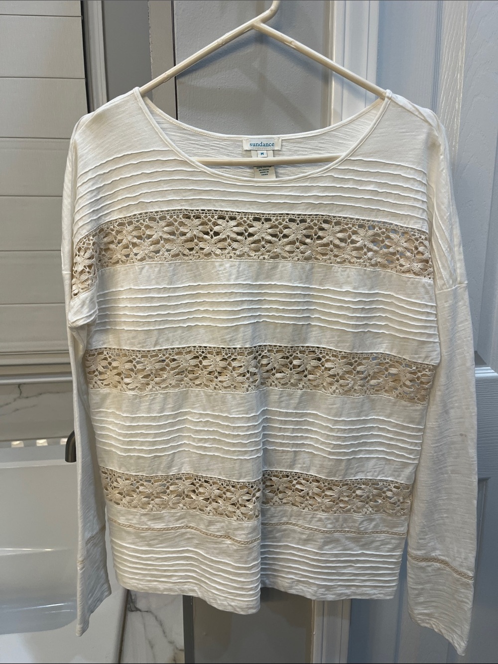 Sundance Cream Crochet-Striped Long Sleeve Tee